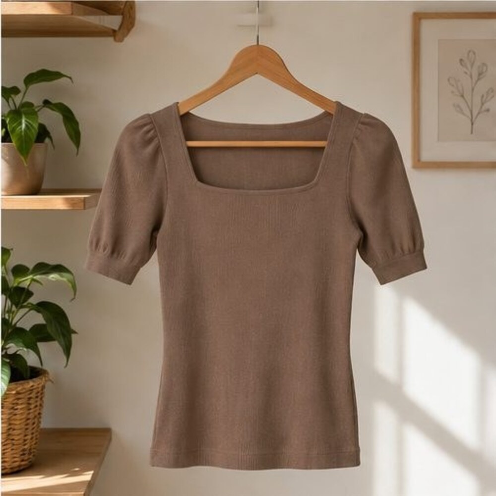 Taupe Ribbed Square Neck Top